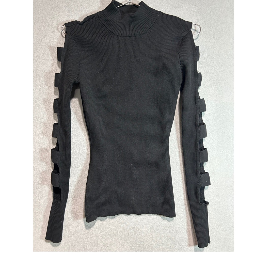 Black Sweater Women M Ladder Cutout Sleeve Mock Neck Ribbed Top Edgy Goth Grunge